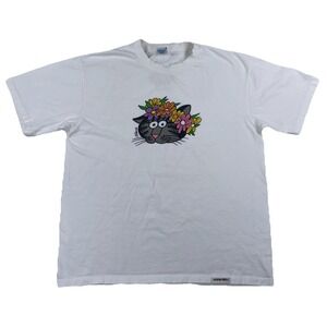Vintage Crazy Shirt Hawaii B Kliban Aloha Cat Flowers White USA Large